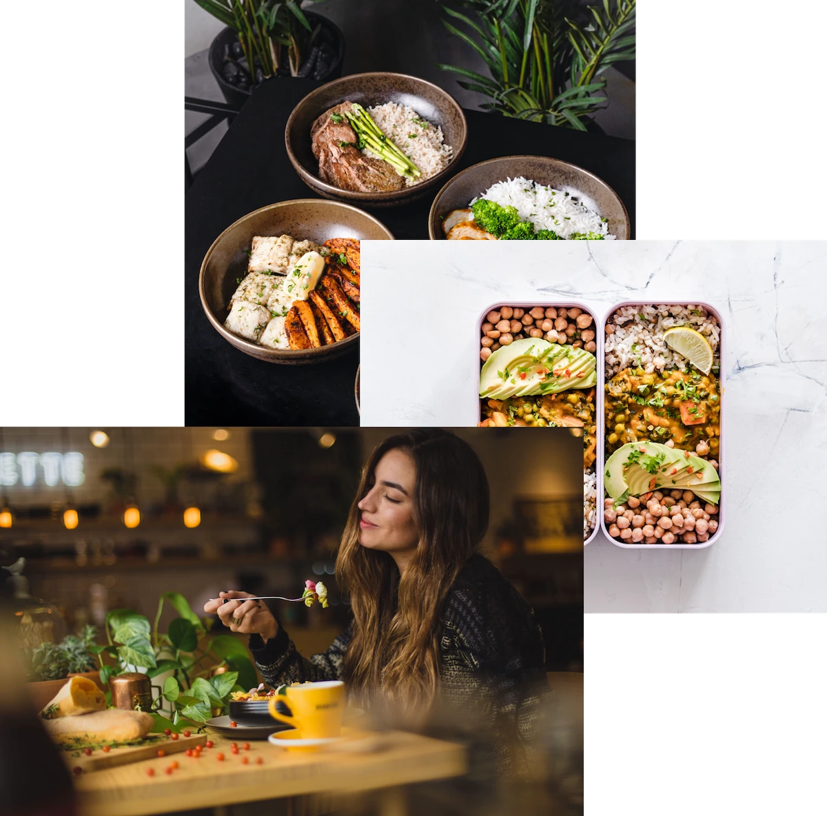 woman enjoying food, meals in storge container and food bowls on the table